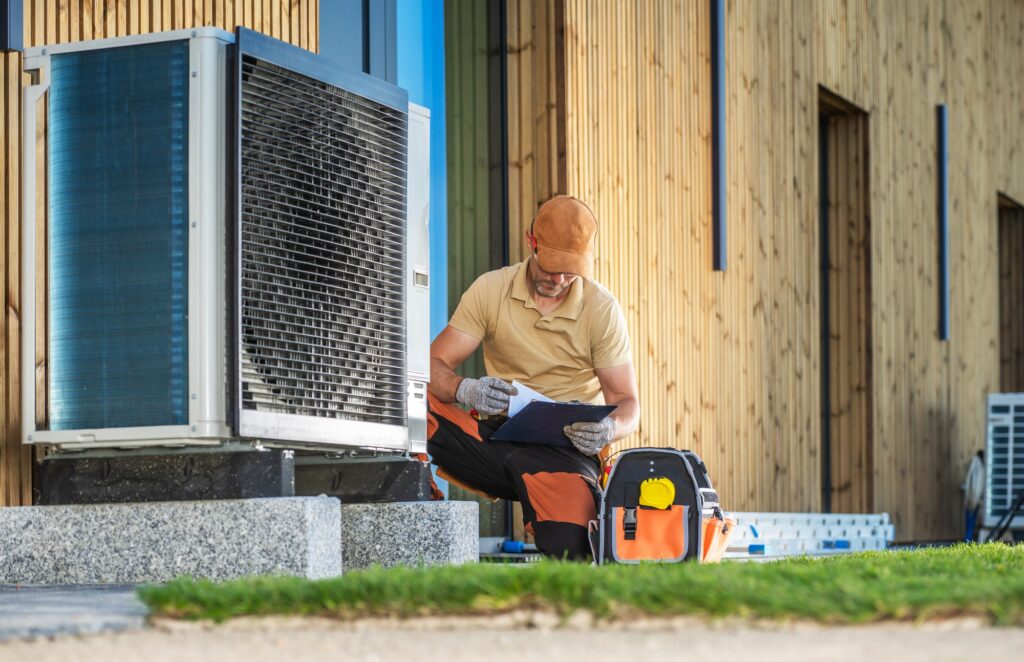Worker Installing or Fixing Modern Heat Pump